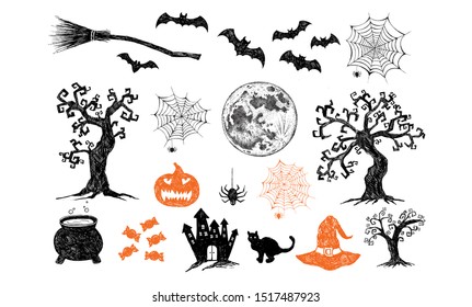 Halloween symbols hand drawn illustrations. 