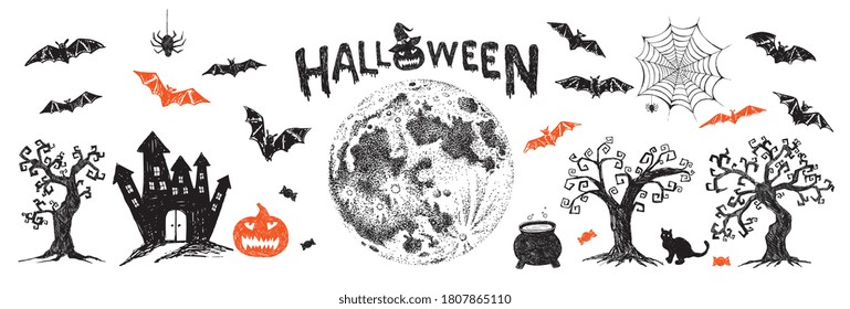 Halloween symbols hand drawn illustrations	