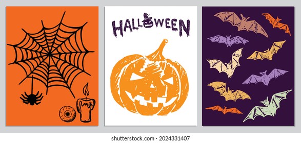 Halloween symbols hand drawn illustrations.