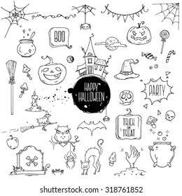 Halloween symbols. Hand drawn traditional illustrations: carved pumpkin, spider webs, witch with hat on a broom, bat, zombie hand, skull, candle, magic potion pot. Isolated design elements on white.