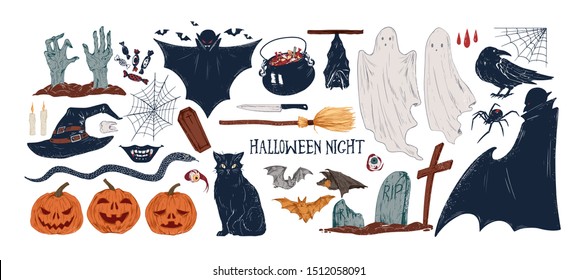 Halloween symbols hand drawn vector illustrations set. Jack lanterns, black cat, spider web and bats. Spooky autumn holiday accessories. Witch hat, vampire, ghost and zombie on white background