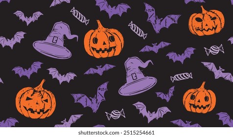 Halloween symbols, hat, pumpkin, bat, candy, pattern, hand drawn illustrations	