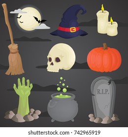 Halloween symbols - icon set on dark background. Vector art.