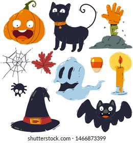 Halloween symbols, icons, elements vector cartoon hand drawn set isolated on background.