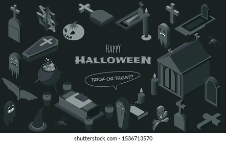 Halloween symbols isometric vector illustrations set. Haunted graveyard decorative design elements, creepy 3d icons pack. Spooky tombstones, caskets, witch accessories, crypt and jack lantern