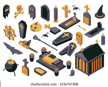 Halloween symbols isometric vector illustrations set. Haunted cemetery design elements, autumn holiday 3d icons pack. Various tombstones, coffins, witch items, crypt, jack lantern and chainsaw