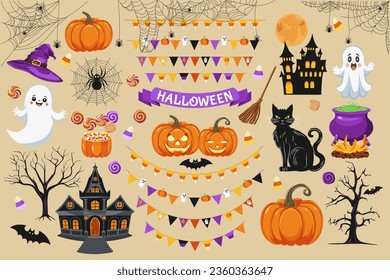 Halloween symbols. jack o lantern haunted house black cat witch hat candy bat full moon flag garland ghost pumpkin spider web cauldron broomstick spider candy corn. Vector icons set.