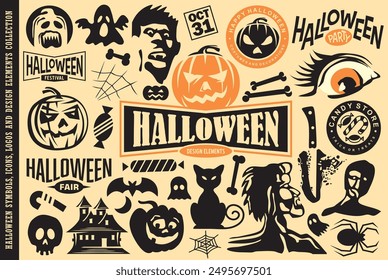 Halloween symbols, labels, graphics and design elements. Collection of Halloween vector illustrations with pumpkins, ghosts and scary creatures.