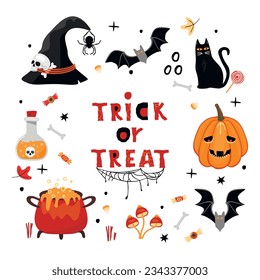 Halloween symbols and lettering.Trick or treat poster with pumpkin lantern, witch hat, potion, black cat,bats and poisonous mushrooms.Cartoon and doodle elements in vector isolated on white.