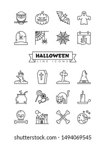 Halloween symbols line icon collection. Set of 20 spooky vector design elements in outline style.