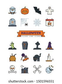 Halloween symbols line icon collection. Set of 20 spooky vector design elements in filled outline style.