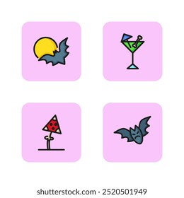 Halloween symbols line icon set. Bat and moon, flying bat, mushroom and cocktail. Halloween concept. Vector illustrations can be used for topics like horror, October, celebration, party