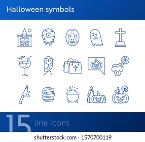 Halloween symbols line icons. Owl, castle, crossed bones. Halloween concept. Vector illustration can be used for topics like holiday, festivals, celebration