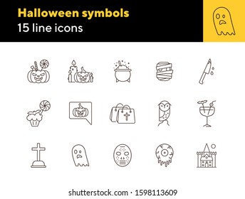 Halloween symbols line icons. Owl, castle, crossed bones. Halloween concept. Vector illustration can be used for topics like holiday, festivals, celebration