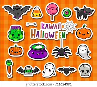 Halloween symbols in lovely kawaii style on seamless orange striped background, vector illustration