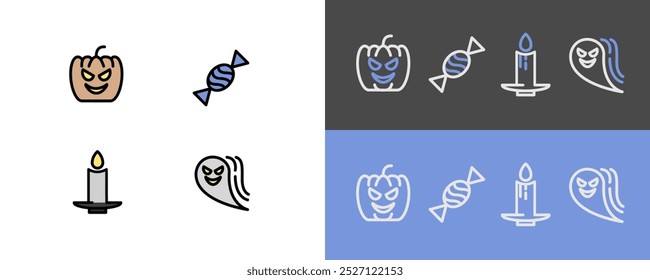 Halloween symbols - modern candy, candle, ghost and pumpkin icons - filled and stroke icons