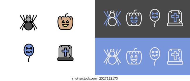 Halloween symbols - modern spider, balloon, graveyard and pumpkin icons - filled and stroke icons