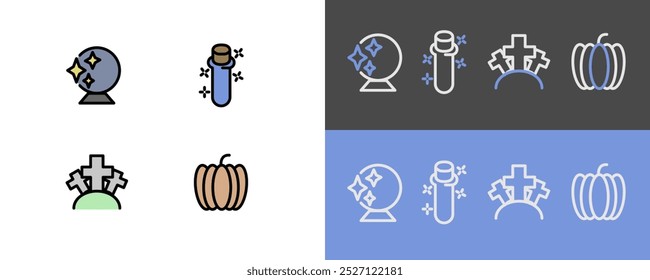 Halloween symbols - modern witch glass, heal potion, graveyard and pumpkin icons - filled and stroke icons