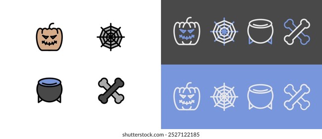 Halloween symbols - modern witch glass, heal potion, graveyard and pumpkin icons - filled and stroke icons