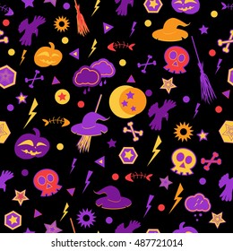 Halloween symbols on black background. Seamless pattern. Vector illustration.