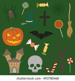 Halloween symbols on a green background
