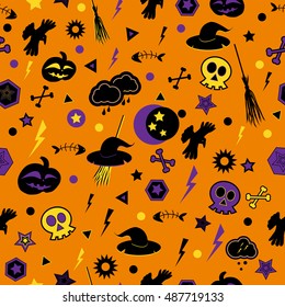 Halloween symbols on orange background. Seamless pattern. Vector illustration.