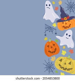 Halloween symbols on right side, pumpkins, candle, hat, ghost, spider and cobweb with space for text. Template for postcard, banner, poster, web design. Hand Drawn vector illustration.