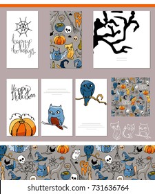 Halloween symbols on visit cards and posters. 
