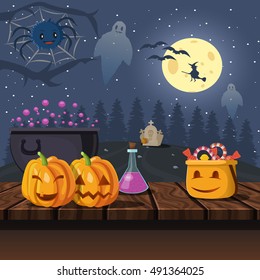 Halloween symbols on a wooden table with stars bats spider and ghosts in the night sky vector illustration