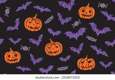Halloween symbols, pumpkin, bat, candy, pattern, hand drawn illustrations	