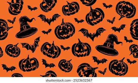 Símbolos de Halloween, abóbora, morcego, padrão em fundo laranja, desenhado à mão ilustrações