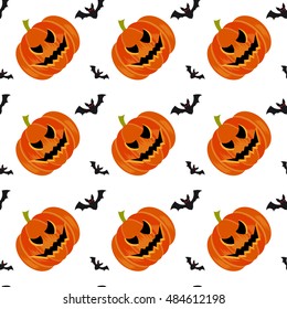 Halloween symbols pumpkin and bats seamless pattern on white background, trendy flat style illustration. Cute fun evil smiling jack-o'-lantern sign
