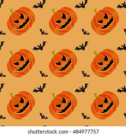 Halloween symbols pumpkin and bats seamless pattern on orange background, trendy flat style illustration. Cute fun evil smiling october pumpkins, jack-o'-lantern sign