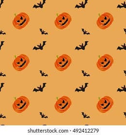 Halloween symbols pumpkin and bats seamless pattern on orange background, trendy flat style illustration. Cute fun evil smiling october pumpkins, jack-o'-lantern sign