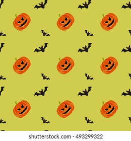 Halloween symbols pumpkin and bats seamless pattern on green background, trendy flat style illustration. Cute fun evil smiling october pumpkins, jack-o'-lantern sign
