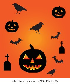 Halloween symbols: raven, bat, pumpkin in cartoon style. Vector Illustration.