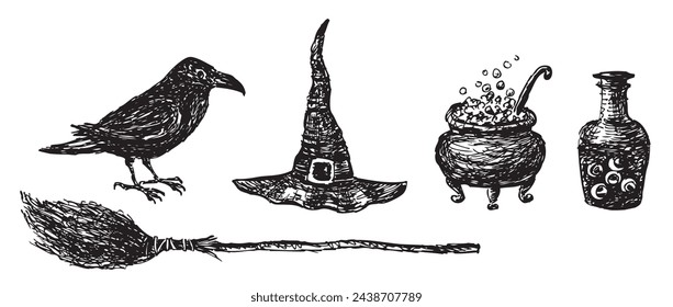 Halloween symbols, raven, witch hat, broom, potion pot,poison  bottle, hand drawn vector set isolated on white