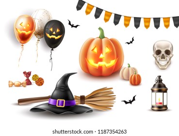 Halloween symbols realistic set. Jack o lanterns scary pumpkin face, witch broom and pointed hat, vintage lamp, candies, black bat, smiling skull, balloons with spooky faces, vector buntings flags