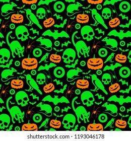 Halloween symbols seamless bright pattern with orange and green cartoon images of eyeball spider pumpkins pipistrelles skulls cats mouses crows flat vector illustration