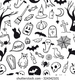 Halloween symbols seamless pattern black and white