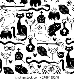 Halloween symbols seamless pattern - doodle style. Pumpkin, black cat, bat, skull, spider, lollipop, magic hat ghost - holiday background