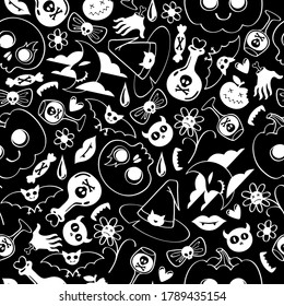 Halloween symbols seamless pattern - doodle style. Pumpkin, black cat, bat, skull, spider, lollipop, magic hat ghost - holiday background
