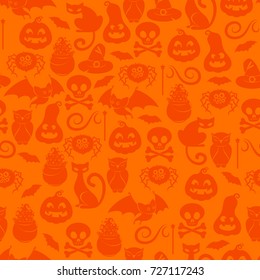 Halloween symbols seamless pattern. Pumpkin, black cats, bat, skull, spider, lollipop magic hat holiday background - orange color.