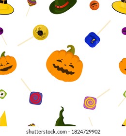 Halloween symbols seamless pattern with pumpkins, hats and candies. Ornament on white background.