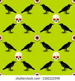 Halloween symbols seamless pattern with skull raven and human eye on green background vector illustration
