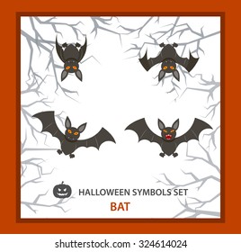 Halloween symbols set: 4 bat, phases of flight, flat. Background with a 
trees branches
