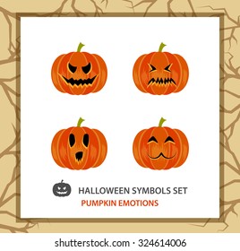 Halloween symbols set: 4 emotions pumpkin, flat. Background with a trees 
branches
