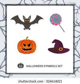  Halloween symbols set: bat, pumpkin, candy, witch hat. Background with a 
trees branches