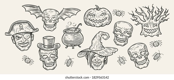 Halloween symbols set. Hand drawn vintage vector illustration