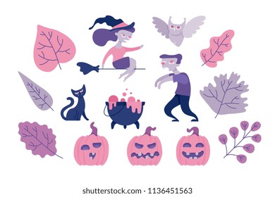 Halloween symbols set with various funny and spooky elements for autumn holiday design isolated on white background. Flat vector illustration of scary decorative signs.